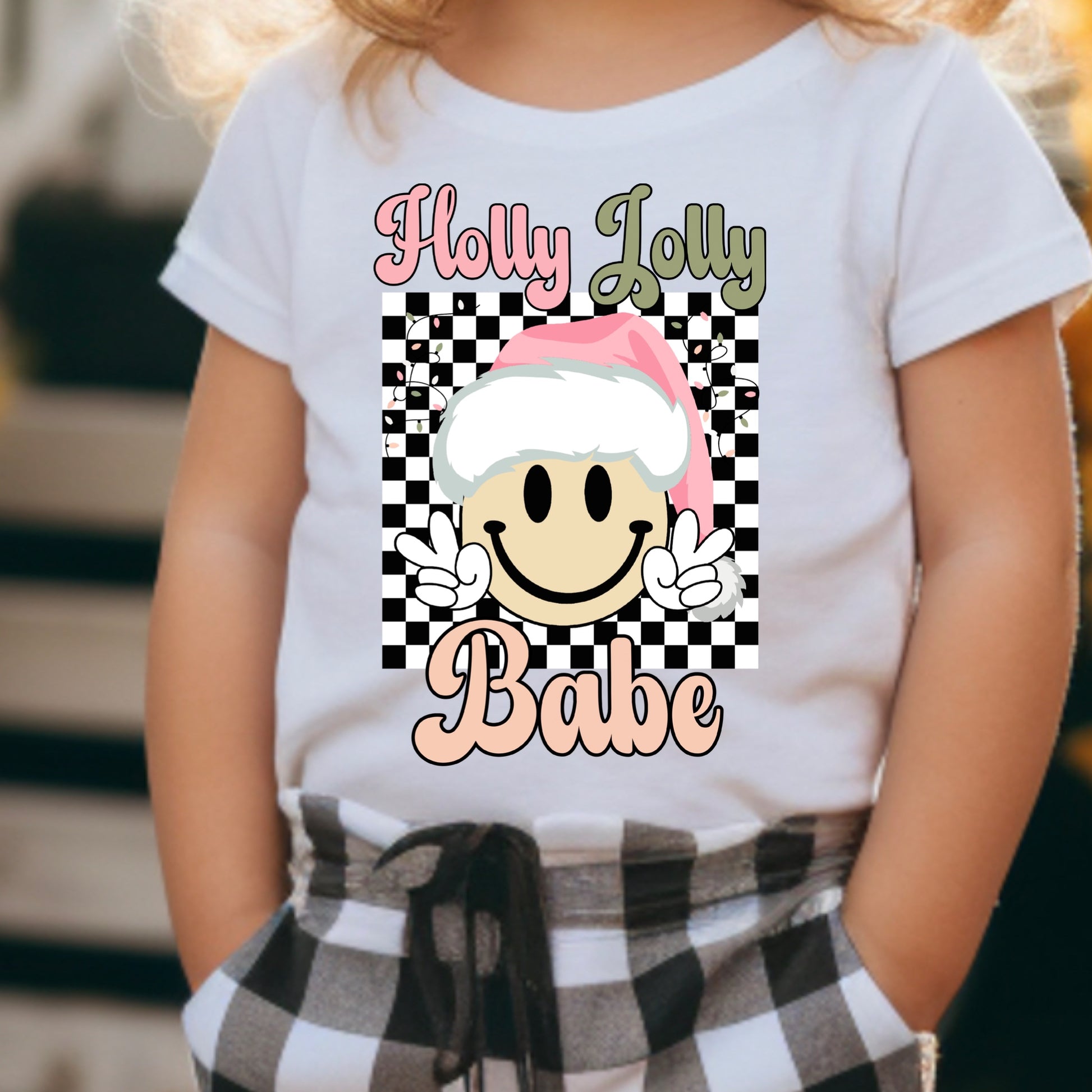 Smiley Face and checkered print "Holly Joly Babe" Christmas iron on heat transfer.