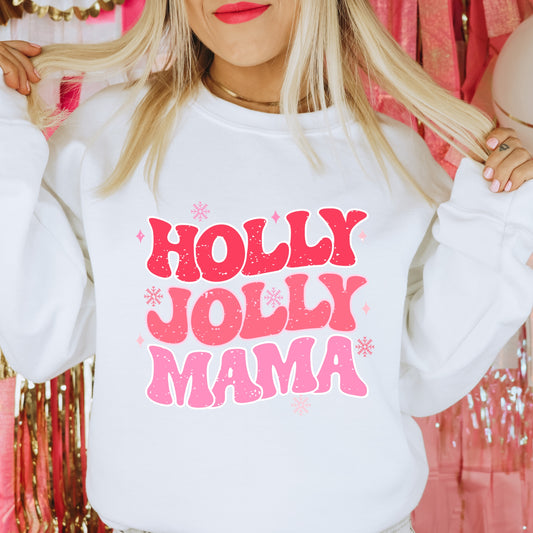 Pink "Holly Jolly Mama" Christmas iron on heat transfer.