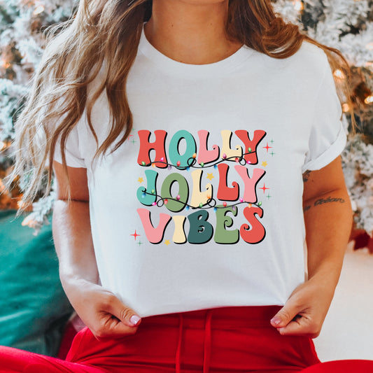 Multi-Color "Holly Jolly Vibes" and String Lights Christmas Iron On Heat Transfer