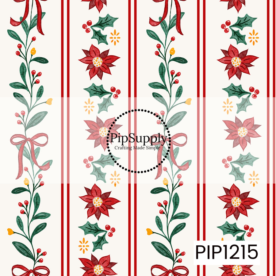 A festive watercolor stripe featuring delicate greenery sprigs tied with red bows, paired with poinsettias, holly leaves, red berries, and tiny golden floral accents. Bold red vertical stripes on a warm cream background give the design a classic, cheerful Christmas feel.
