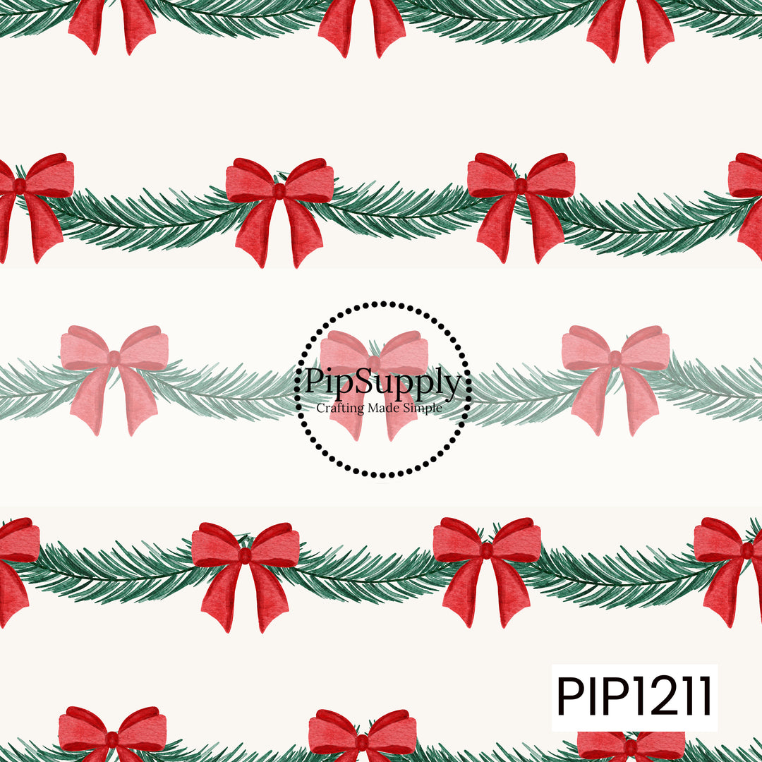 A classic Christmas pattern featuring watercolor evergreen garlands arranged in horizontal rows on a warm cream background. Bright red bows are spaced along the greenery, creating a simple, timeless holiday design with a traditional red and green color palette.
