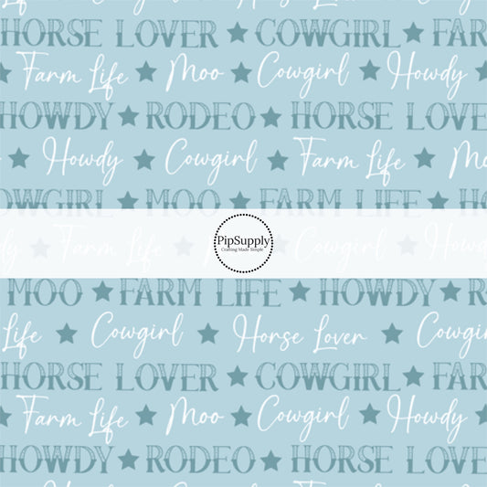 Western Rodeo Phrases on Blue Fabric by the Yard.