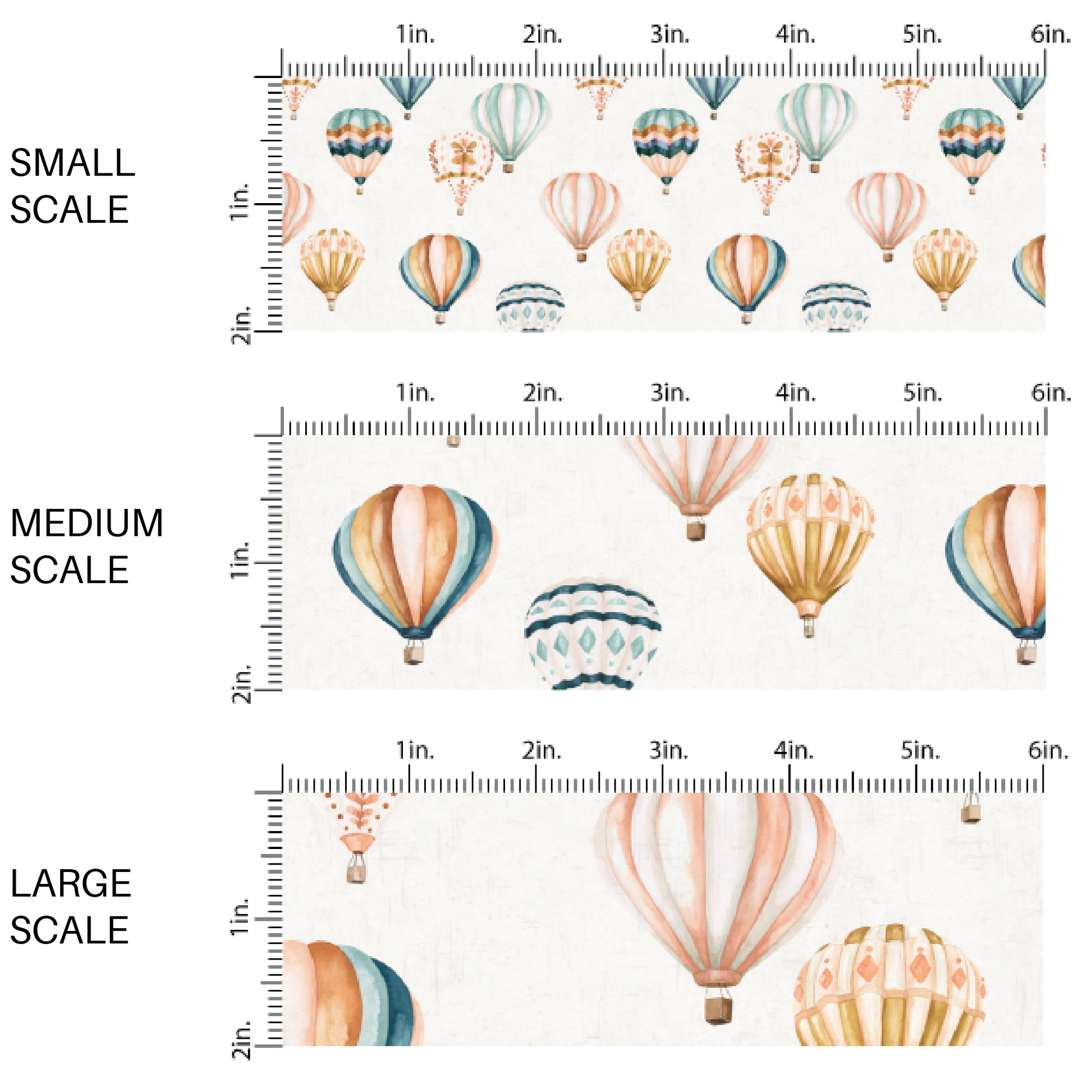 This scale chart of small scale, medium scale, and large scale of these hot air balloon pattern themed fabric by the yard features colorful hot air balloons on ivory. This fun pattern fabric can be used for all your sewing and crafting needs!