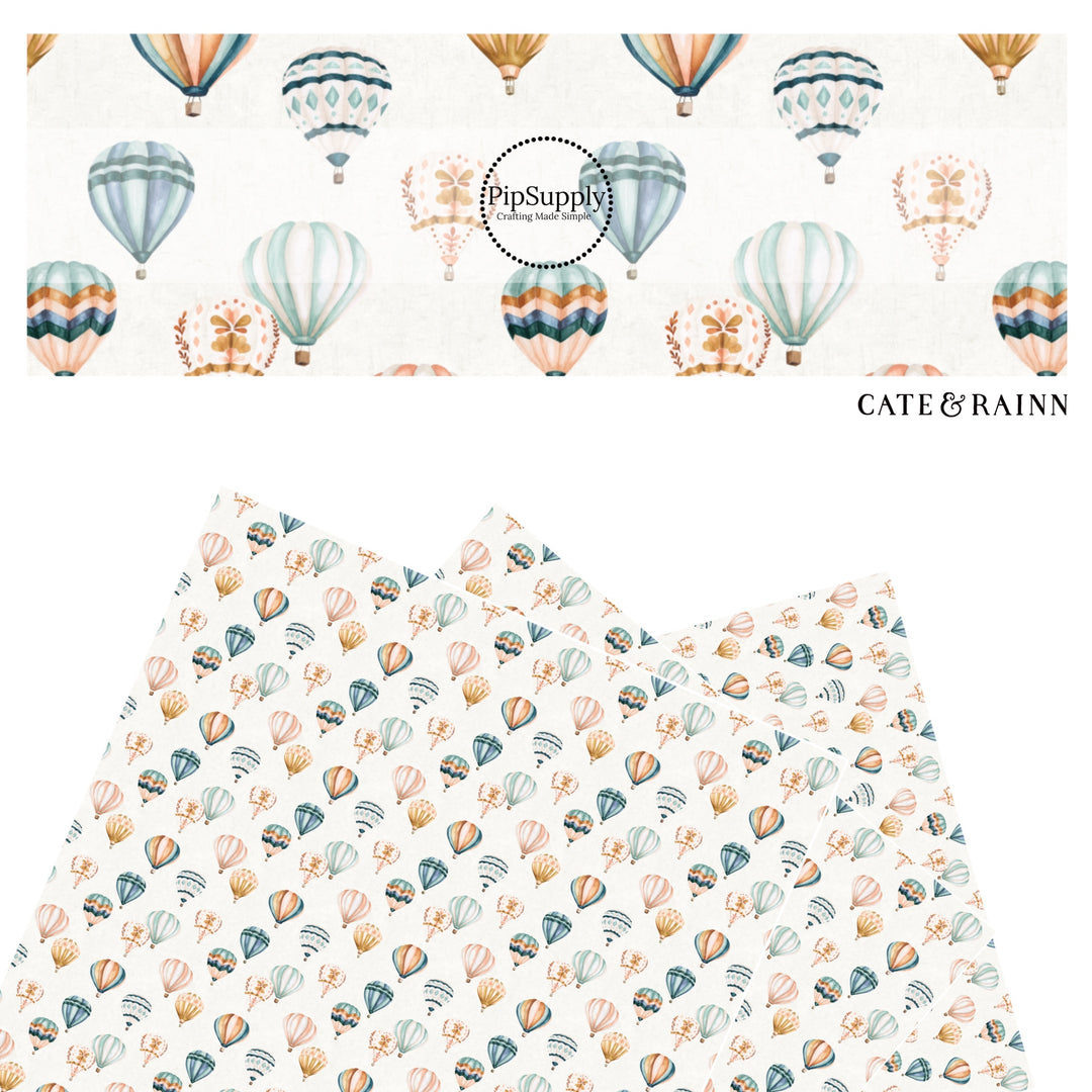 These hot air balloon pattern themed faux leather sheets contain the following design elements: colorful hot air balloons on ivory. Our CPSIA compliant faux leather sheets or rolls can be used for all types of crafting projects.