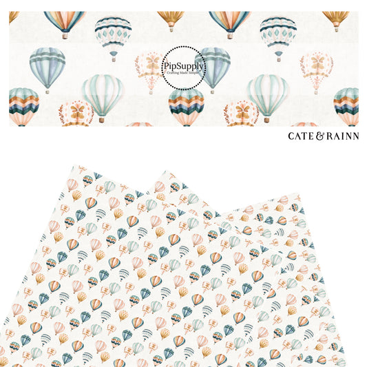 These hot air balloon pattern themed faux leather sheets contain the following design elements: colorful hot air balloons on ivory. Our CPSIA compliant faux leather sheets or rolls can be used for all types of crafting projects.