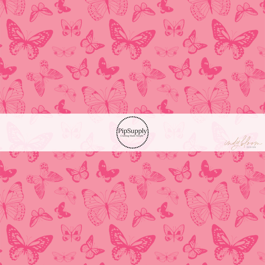 These butterfly themed pattern fabric by the yard features the following design elements: hot pink butterflies on pink. This fun themed fabric can be used for all your sewing and crafting needs!