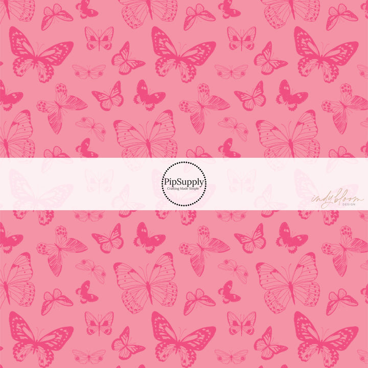 These butterfly themed pattern fabric by the yard features the following design elements: hot pink butterflies on pink. This fun themed fabric can be used for all your sewing and crafting needs!