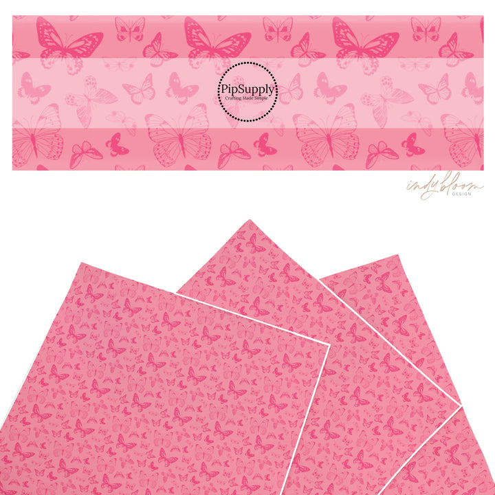 These butterfly themed pattern faux leather sheets contain the following design elements: hot pink butterflies on pink. Our CPSIA compliant faux leather sheets or rolls can be used for all types of crafting projects.