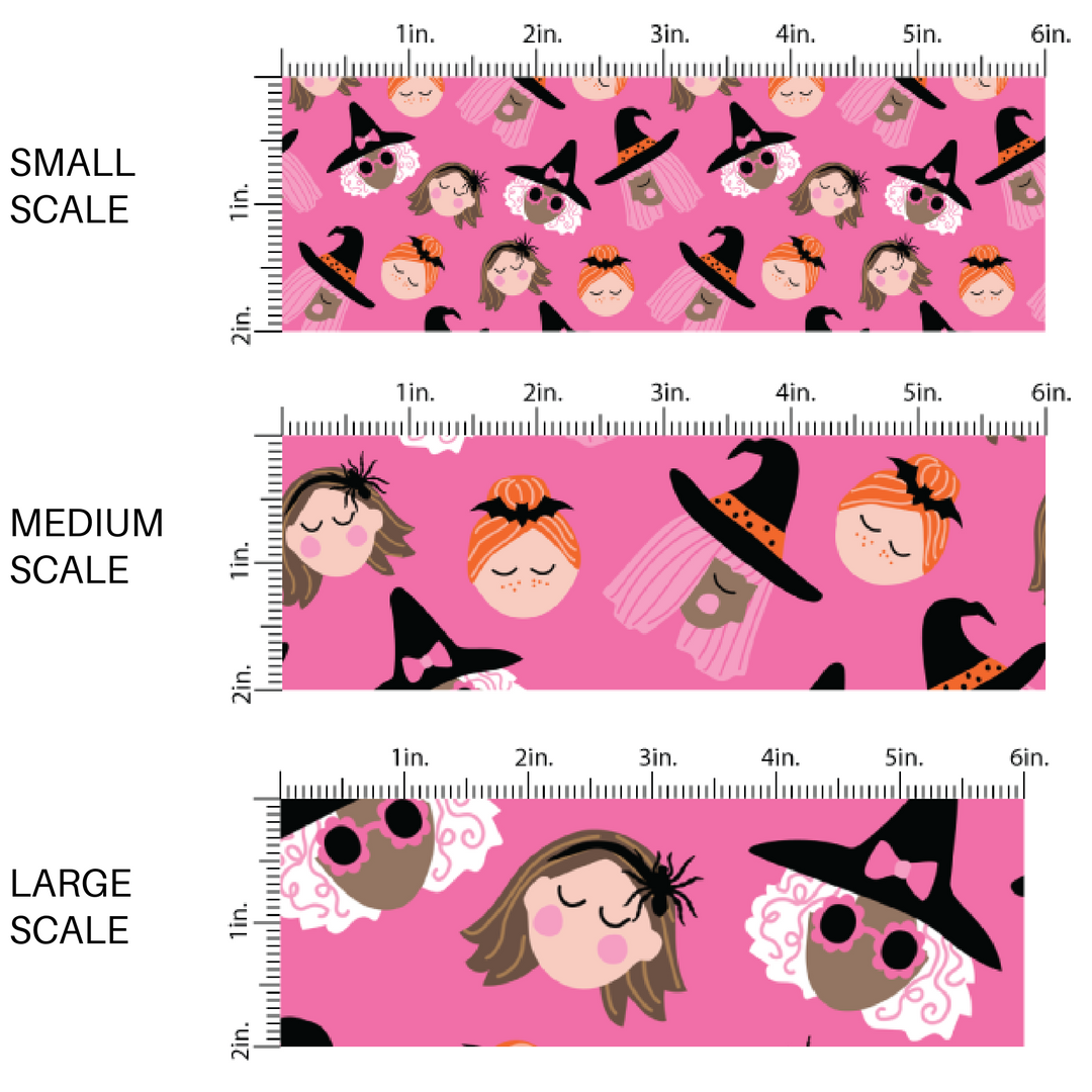 This scale chart of small scale, medium scale, and large scale of these Halloween themed pink fabric by the yard features kind witches on hot pink. This fun spooky themed fabric can be used for all your sewing and crafting needs! 