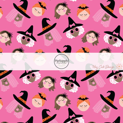 These Halloween themed pink no sew bow strips can be easily tied and attached to a clip for a finished hair bow. These fun spooky bow strips are great for personal use or to sell. The bow stripes features kind witches on hot pink. 