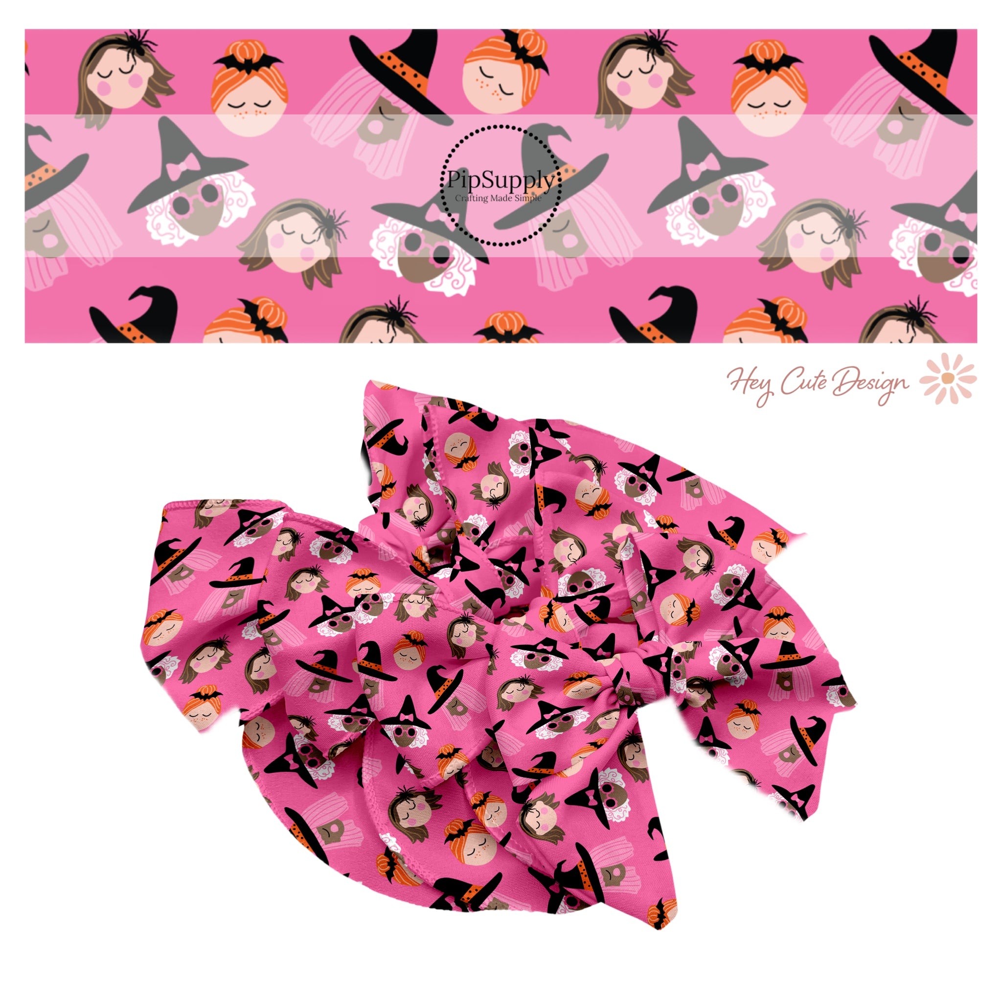 Halloween Witches On Hot Pink Hair Bow Strips - Halloween Witches On