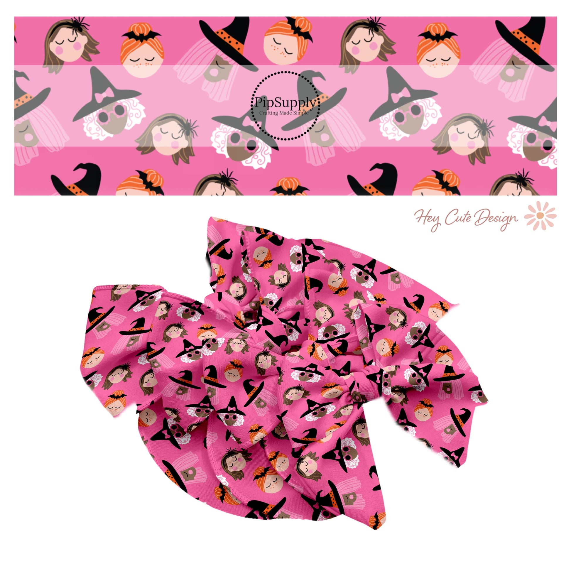 These Halloween themed pink no sew bow strips can be easily tied and attached to a clip for a finished hair bow. These fun spooky bow strips are great for personal use or to sell. The bow stripes features kind witches on hot pink. 