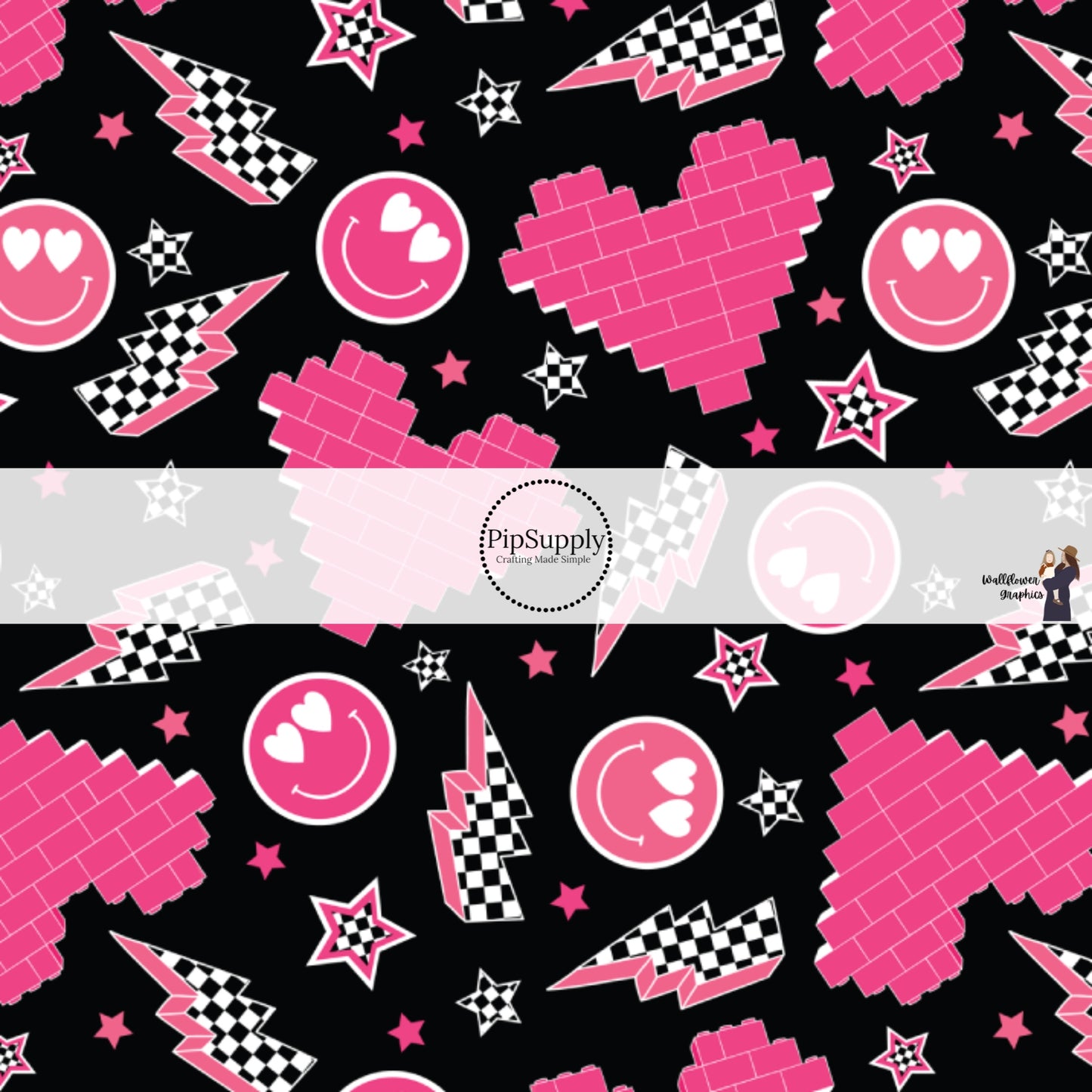 Pink Hearts, Smiley Faces, and Lightning Bolts on Black Valentine's Day Fabric by the Yard.