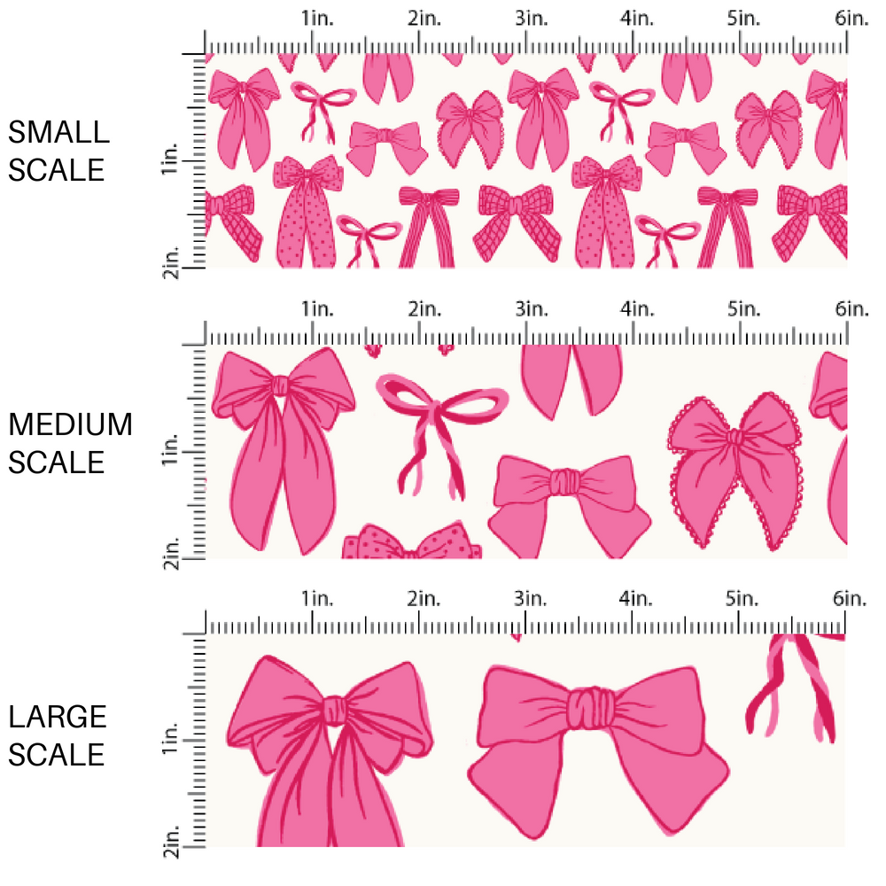 Hot Pink Ribbons and Bows on Cream Fabric by the Yard scaled image guide.