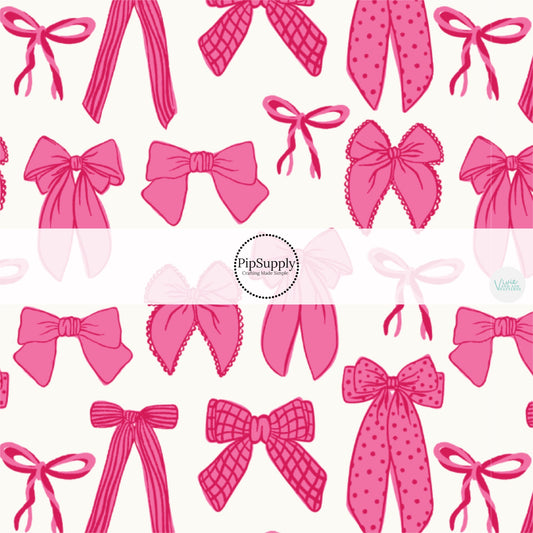 Hot Pink Ribbons and Bows on Cream Fabric by the Yard.