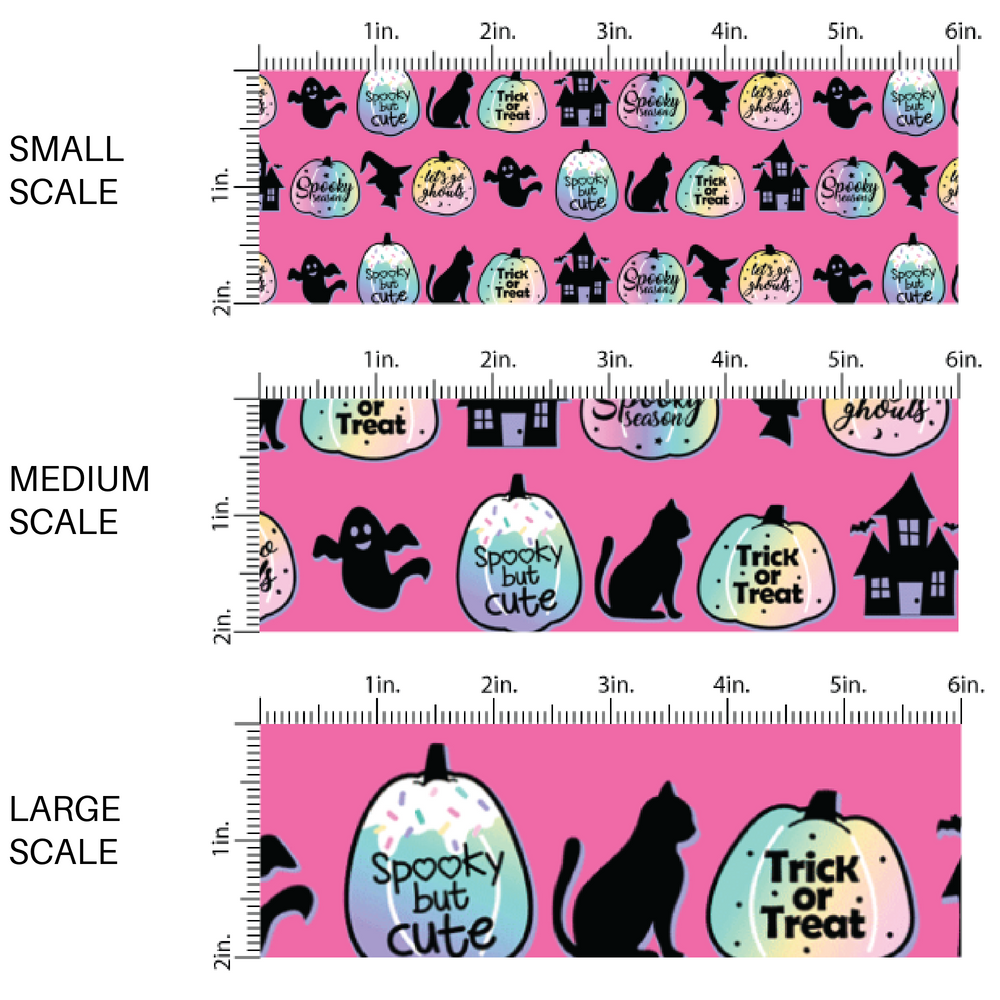 Hot Pink fabric by the yard scaled image guide that features pumpkins and popular Halloween phrases.