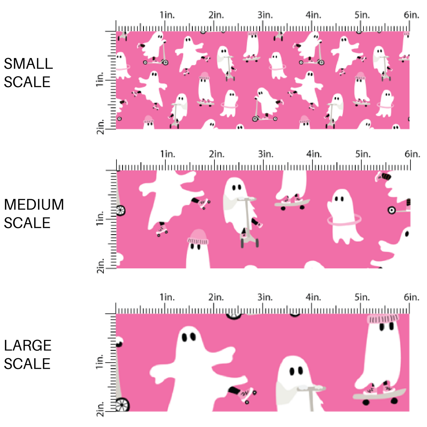 This scale chart of small scale, medium scale, and large scale of these Halloween themed pink fabric by the yard features white ghosts that are skating, hula hooping, and roller blading on hot pink. This fun spooky themed fabric can be used for all your sewing and crafting needs! 