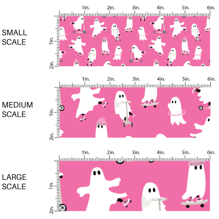 This scale chart of small scale, medium scale, and large scale of these Halloween themed pink fabric by the yard features white ghosts that are skating, hula hooping, and roller blading on hot pink. This fun spooky themed fabric can be used for all your sewing and crafting needs! 