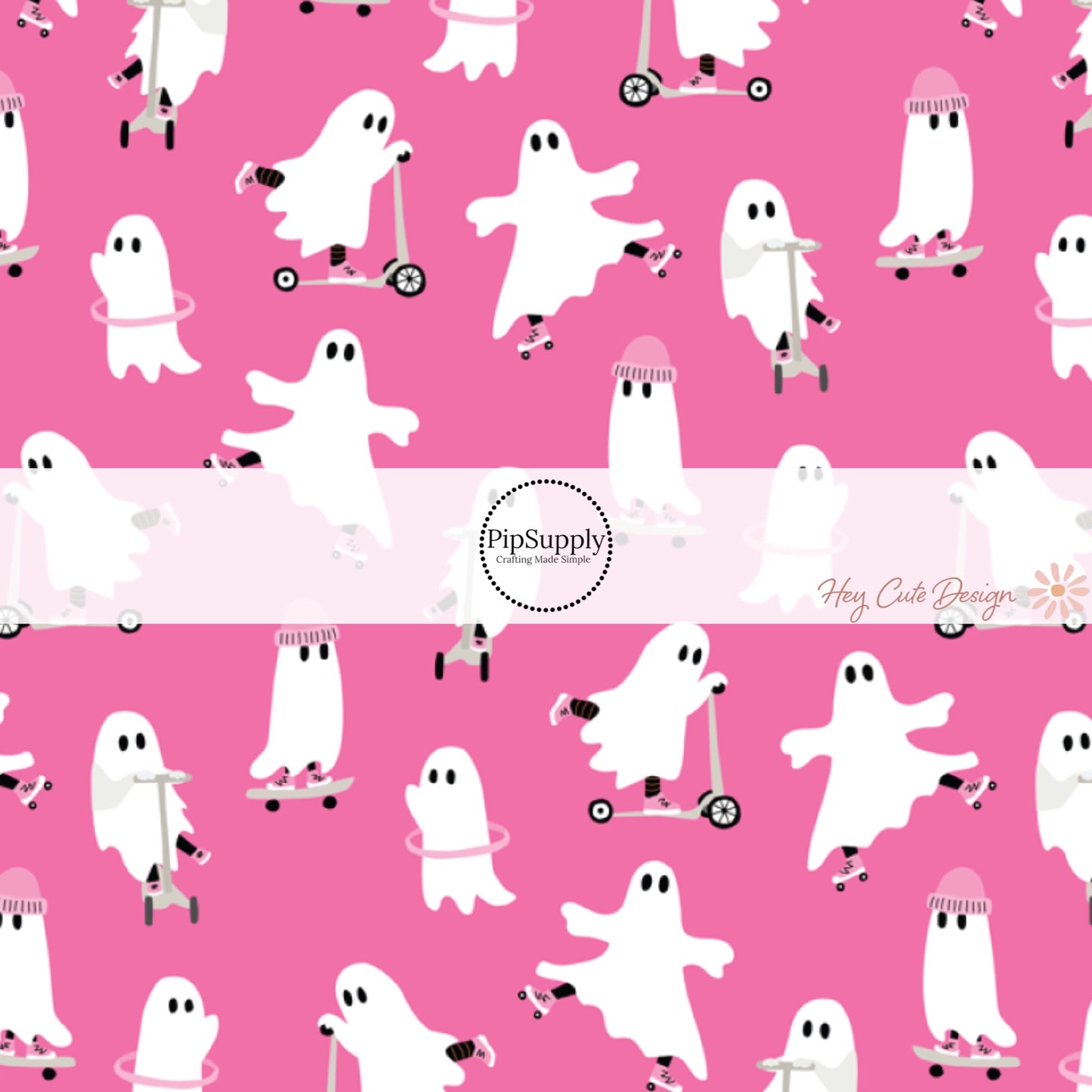 These Halloween themed pink fabric by the yard features white ghosts that are skating, hula hooping, and roller blading on hot pink. This fun spooky themed fabric can be used for all your sewing and crafting needs! 