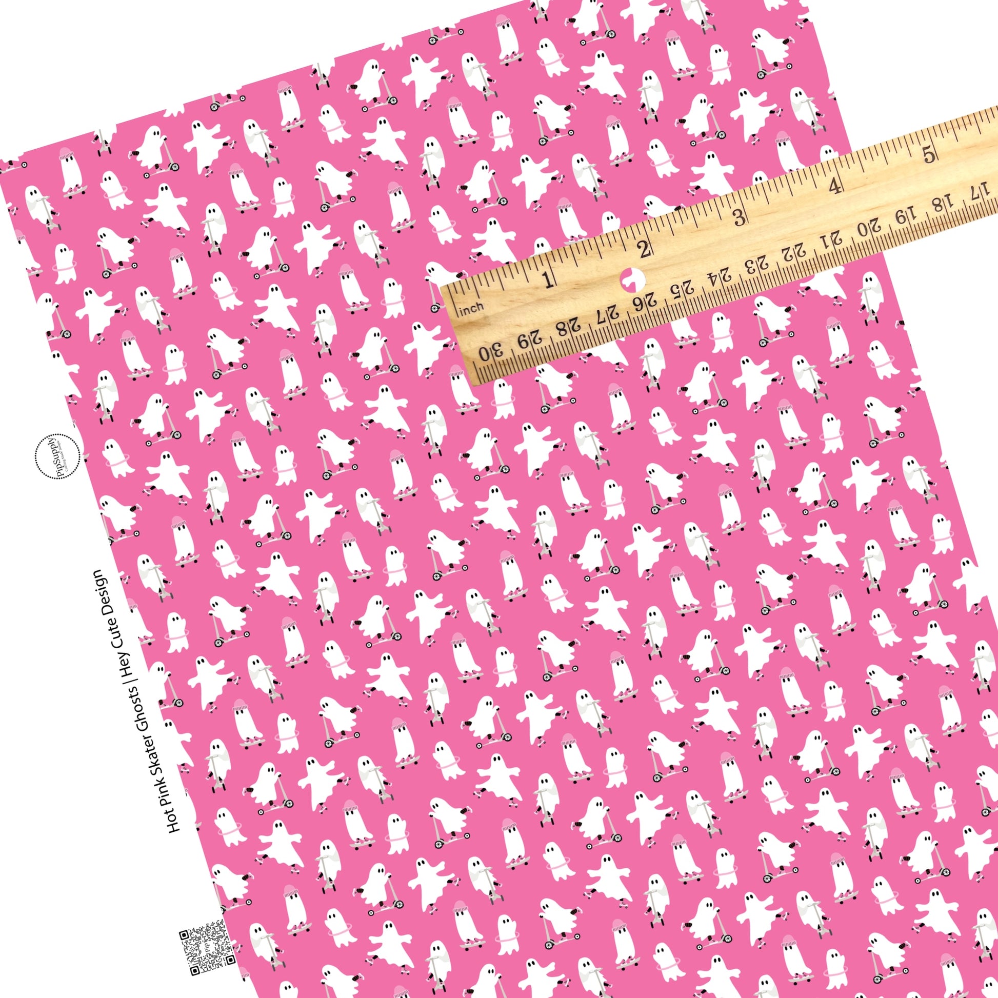 These Halloween themed pink faux leather sheets contain the following design elements: white ghosts that are skating, hula hooping, and roller blading on hot pink. Our CPSIA compliant faux leather sheets or rolls can be used for all types of crafting projects.