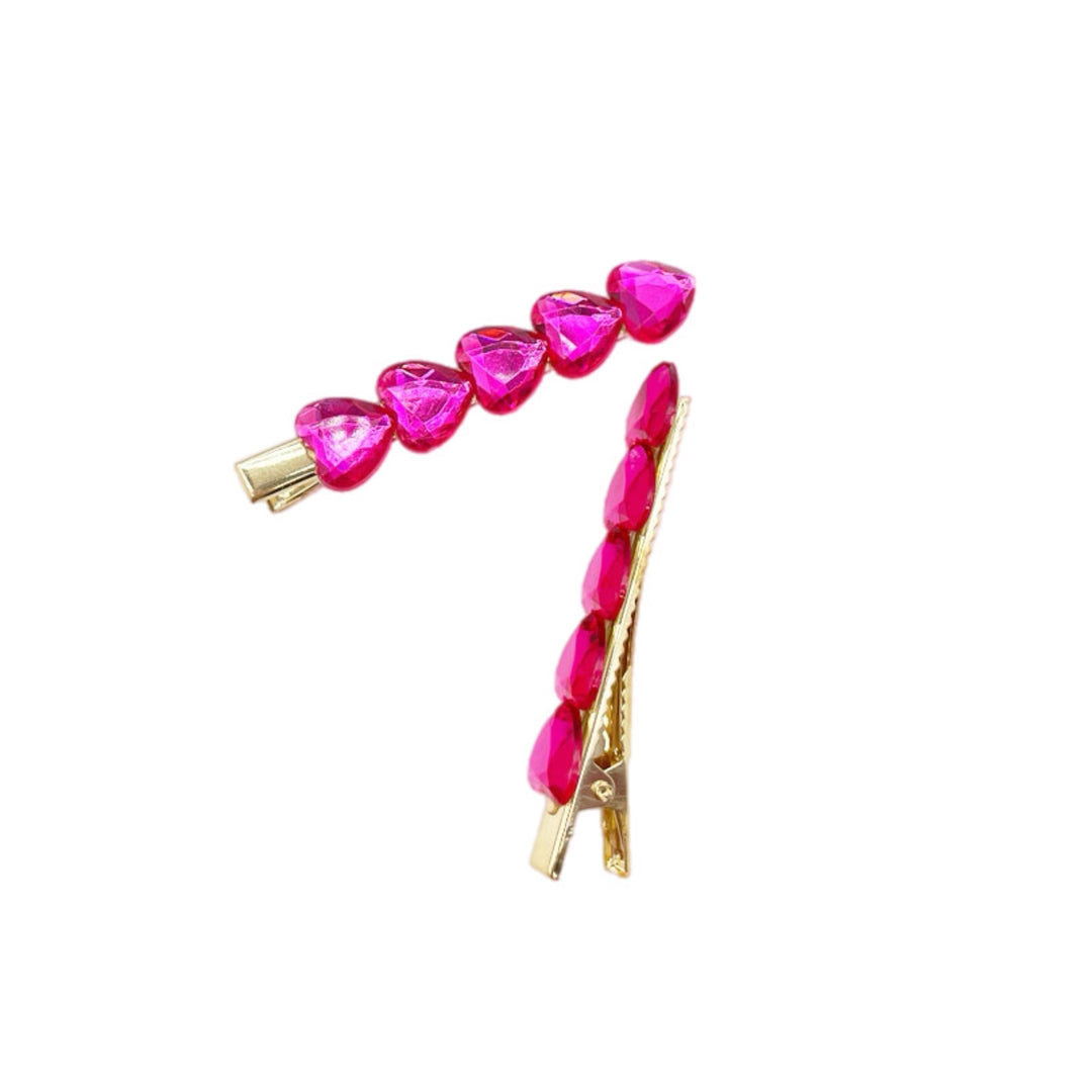 Hot Pink Rhinestone Heart Hair Clips - Set of 2