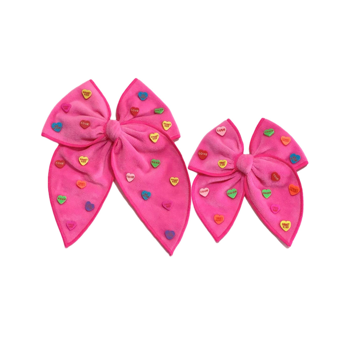 Hot Pink Velvet Convo Hearts Serged Edge Bow w Clip