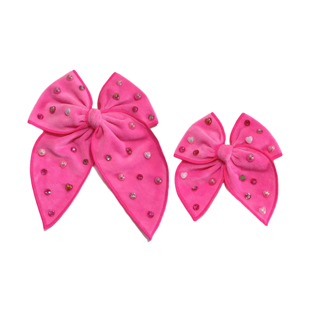 Hot Pink Velvet Pearl & Rhinestone Serged Edge Bow w Clip