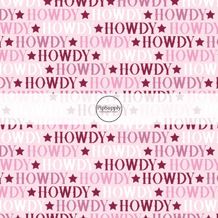 These western pattern no sew bow strips can be easily tied and attached to a clip for a finished hair bow. These bow strips are great for personal use or to sell. The bow strips features "Howdy" saying and stars on light pink.