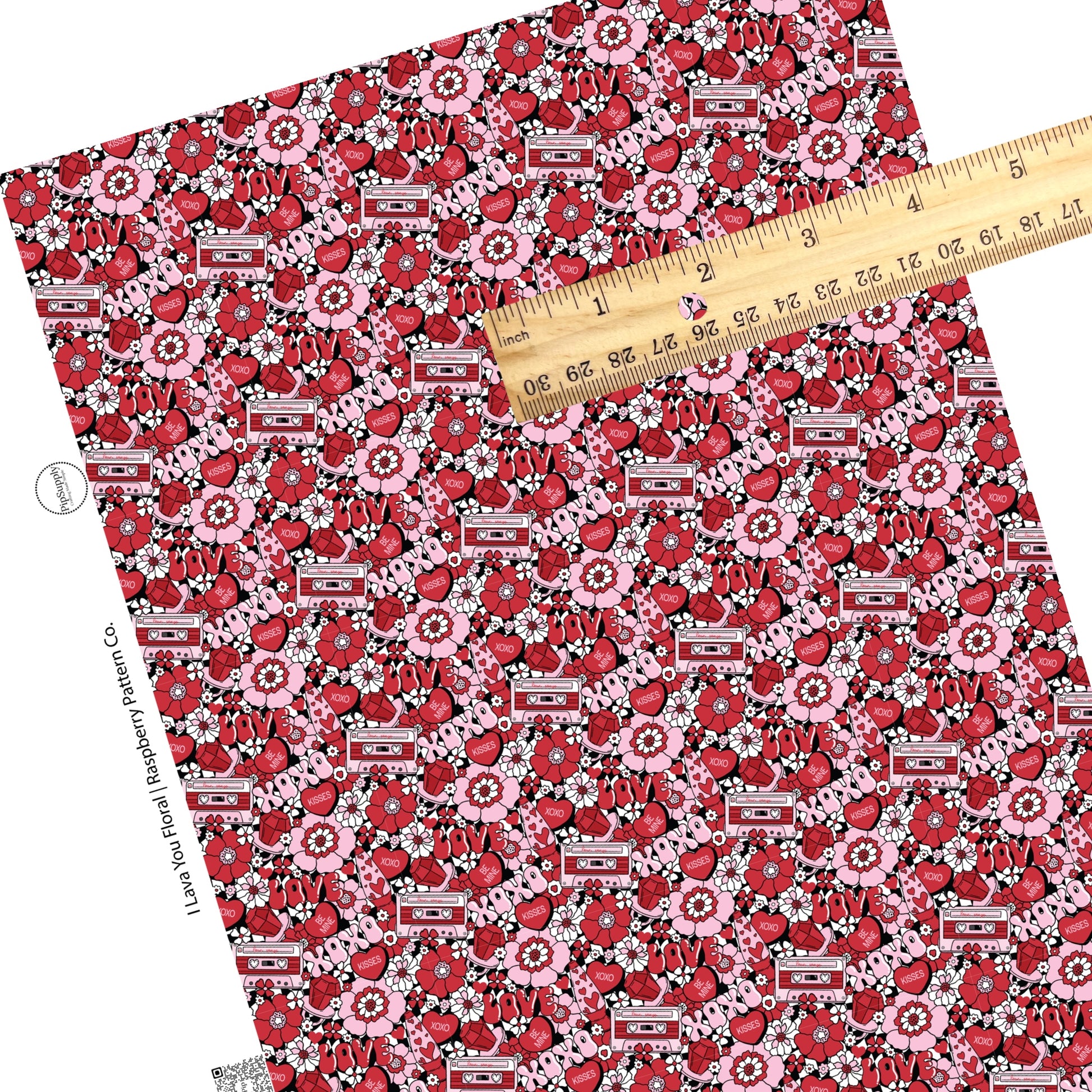 These Valentine's pattern themed faux leather sheets contain the following design elements: cherry ring pops, conversation heart candy, flowers, and cassette tapes on white and black checker pattern. Our CPSIA compliant faux leather sheets or rolls can be used for all types of crafting projects.