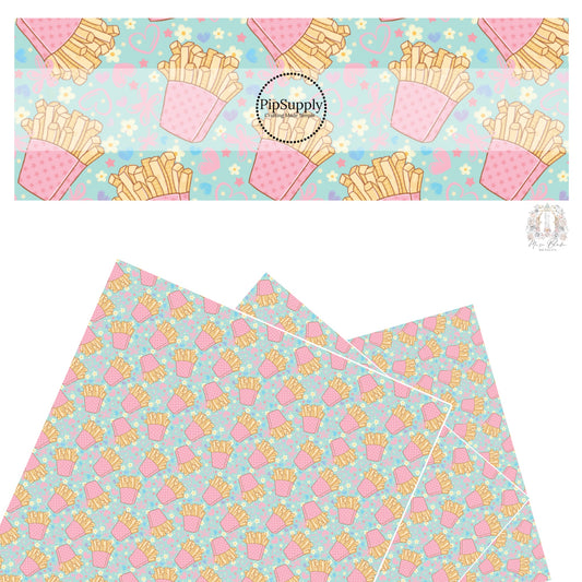 These Valentine's pattern themed faux leather sheets contain the following design elements: fries surrounded by hearts and flowers on light blue. Our CPSIA compliant faux leather sheets or rolls can be used for all types of crafting projects.