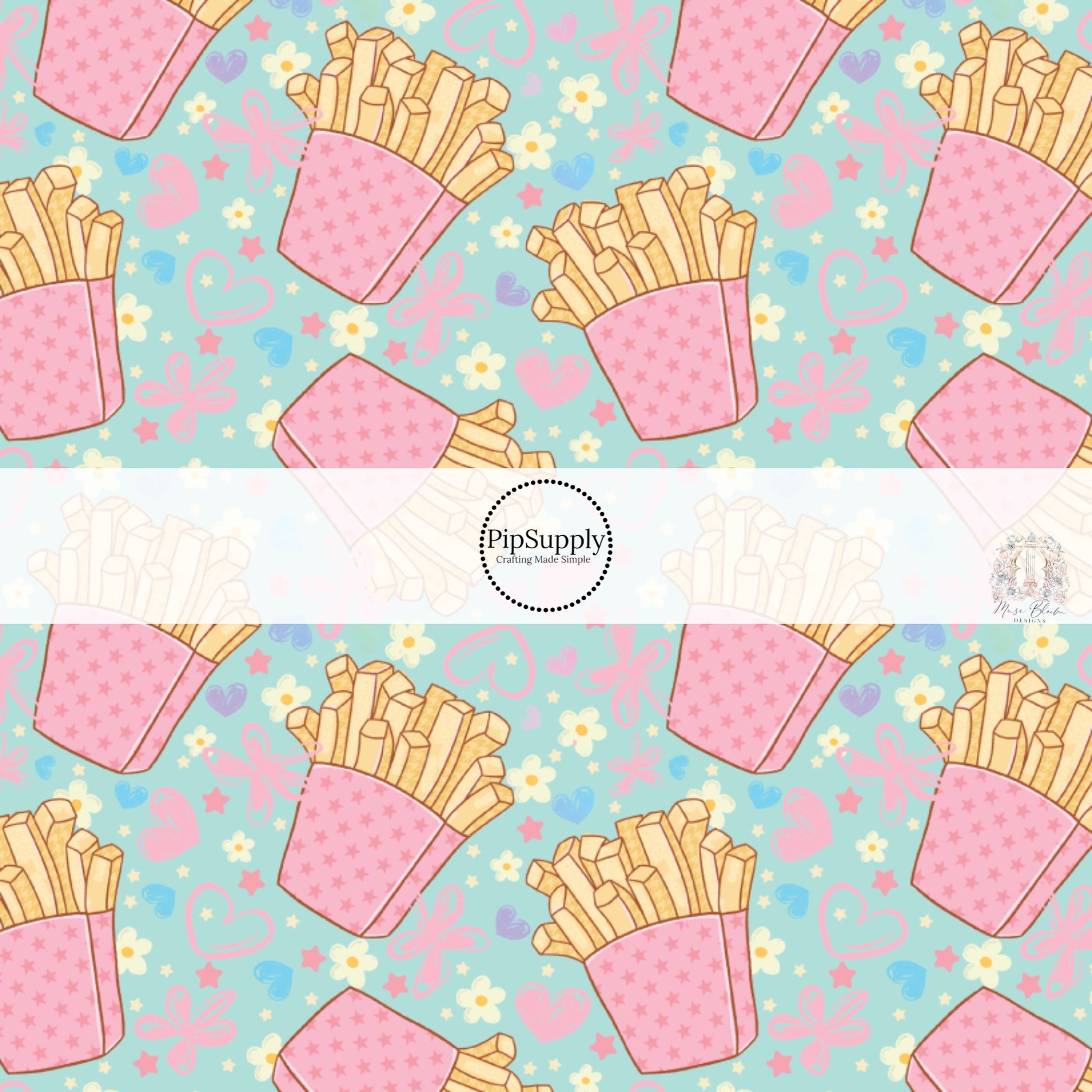 French Fries and Hearts Valentine's Day Themed Fabric by the Yard.