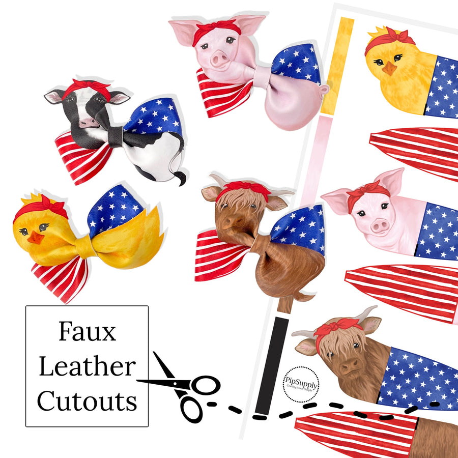 These patriotic farm animal themed faux leather pinwheel type bows with chickens, pigs, and cows are ready to cut and assemble for many craft projects. You will receive one faux leather sheet with varying quantities of cutouts based on your selections.