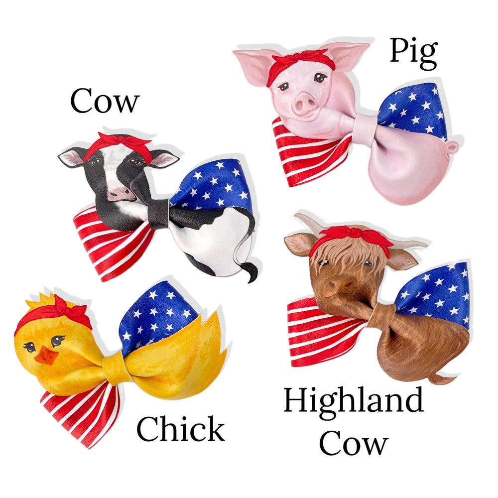 These patriotic farm animal themed faux leather pinwheel type bows with chickens, pigs, and cows are ready to cut and assemble for many craft projects. You will receive one faux leather sheet with varying quantities of cutouts based on your selections.