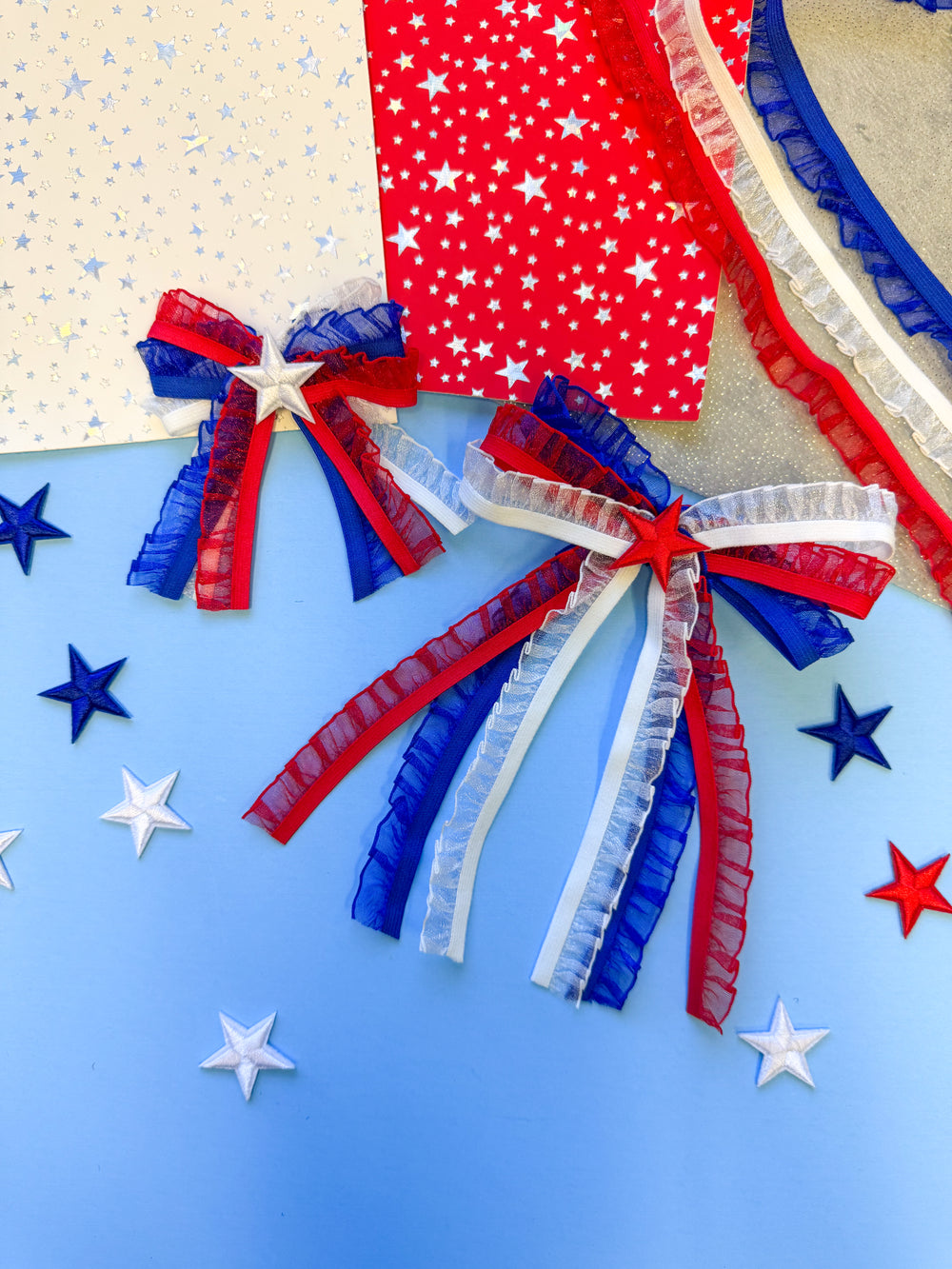 DIY Patriotic Bow Kit – Make 6+ Bows! 
Create the cutest patriotic bows with this easy-to-use DIY kit! Perfect for beginners and experienced crafters alike.
This kit includes everything you need to make 3 large and 3 small bows