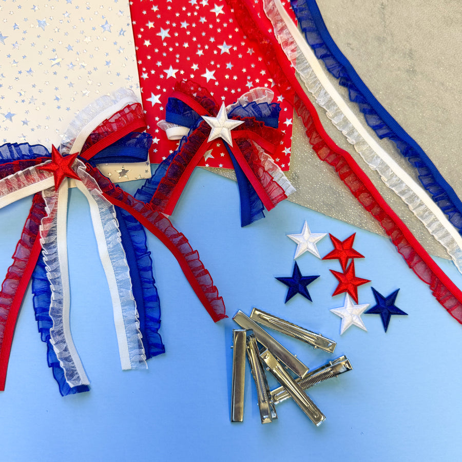 DIY Patriotic Bow Kit – Make 6+ Bows! 
Create the cutest patriotic bows with this easy-to-use DIY kit! Perfect for beginners and experienced crafters alike.
This kit includes everything you need to make 3 large and 3 small bows