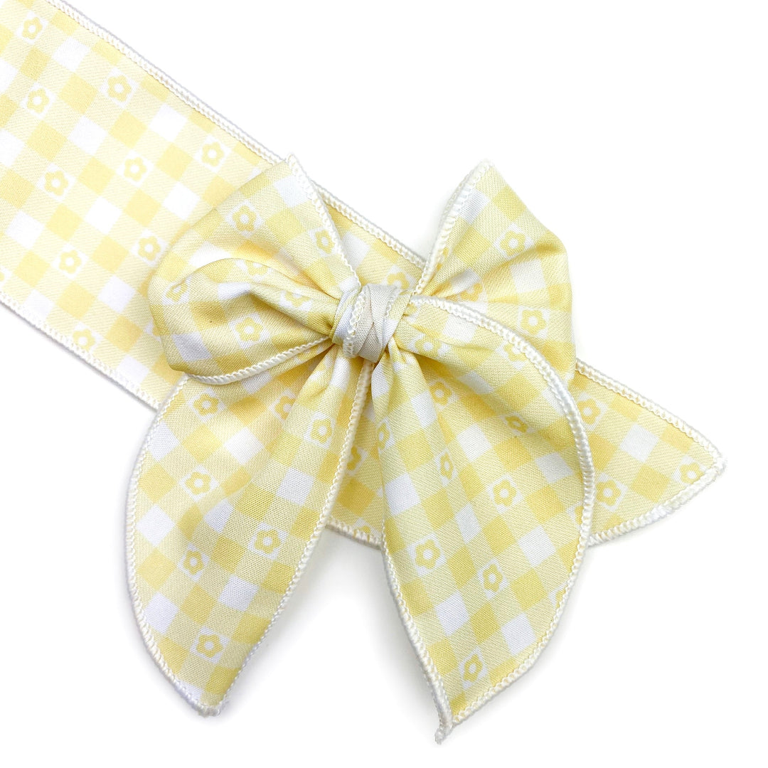 Yellow Daisy Gingham  Effortless Bow Strips - Serged Edge