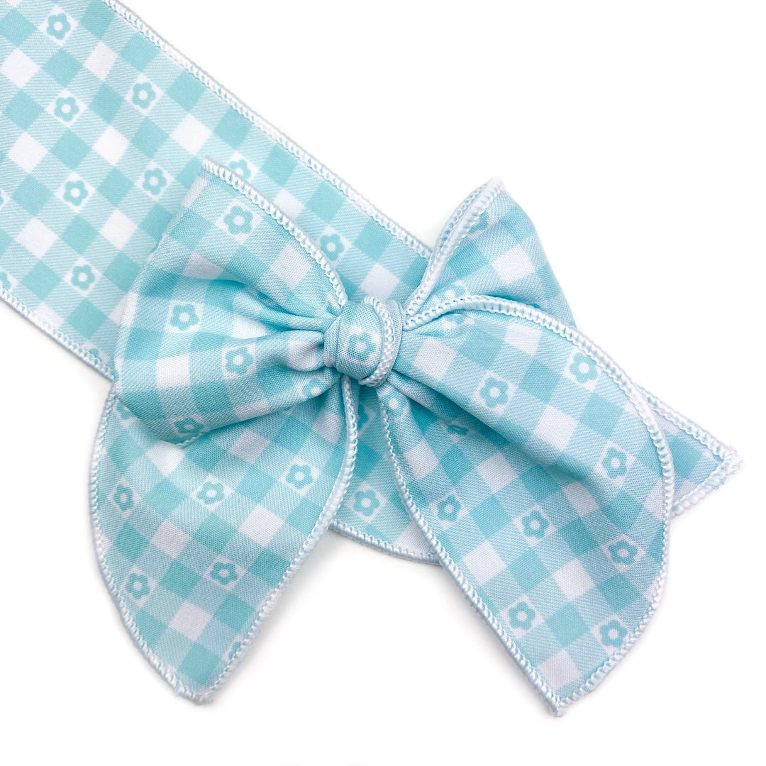 Spring Mint Daisy Gingham Effortless Bow Strips - Serged Edge