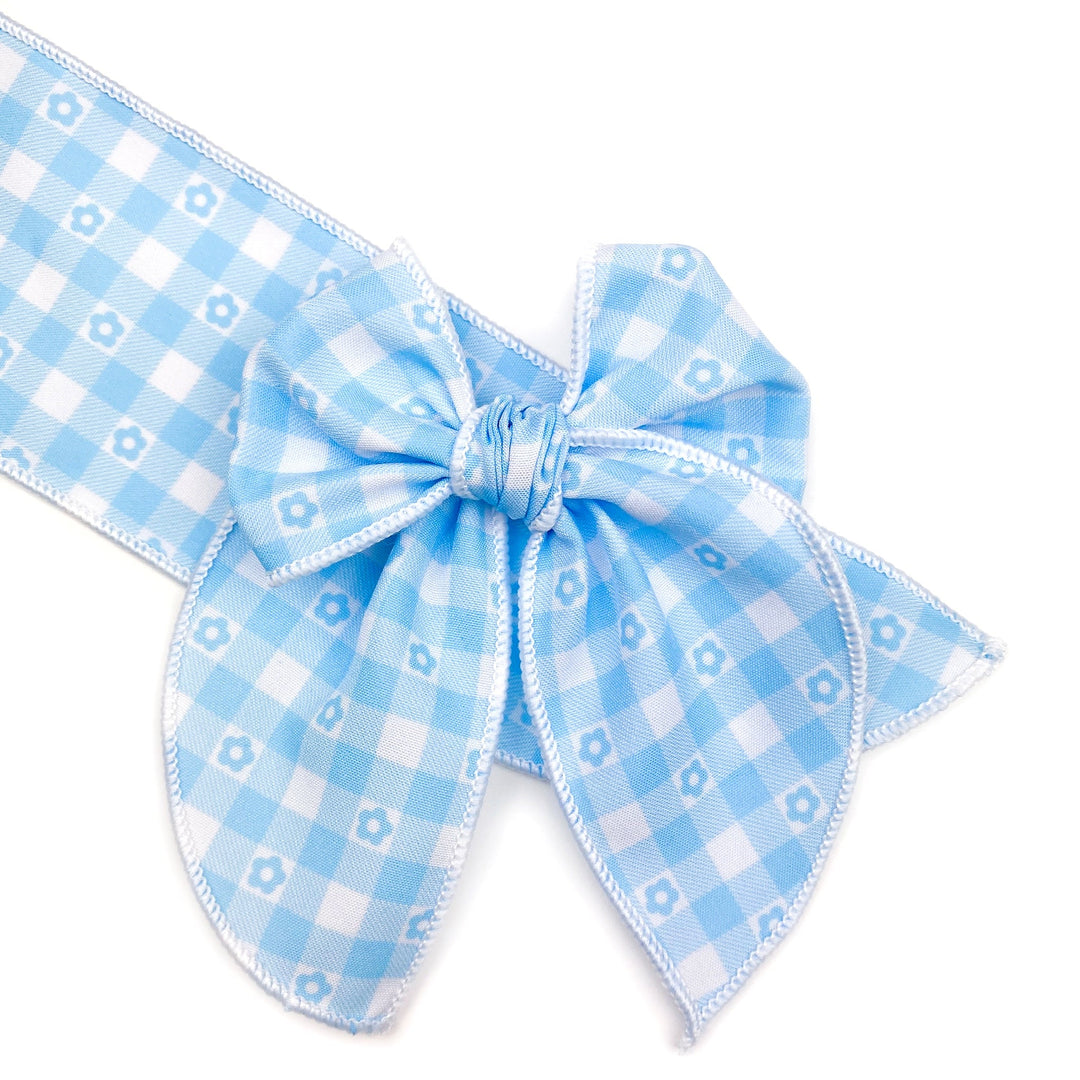 Baby Blue Daisy Gingham  Effortless Bow Strips - Serged Edge