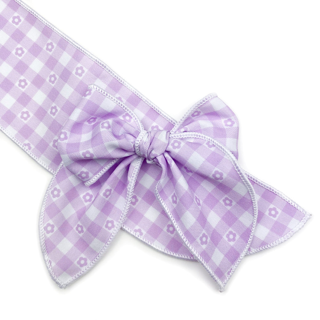 Lavender Daisy Gingham Effortless Bow Strips - Serged Edge