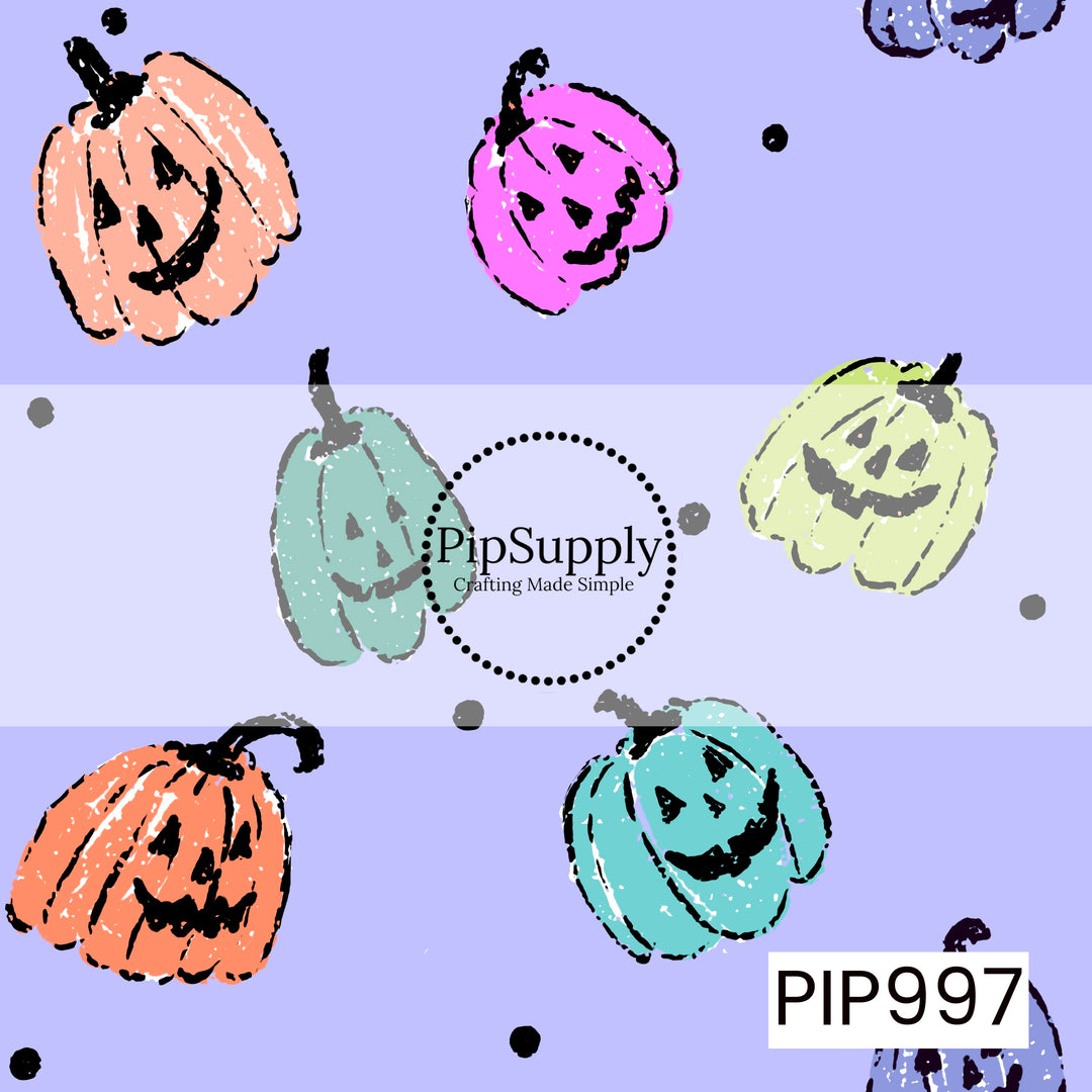 A playful Halloween seamless pattern featuring hand-drawn smiling jack-o'-lanterns in bright pastel shades of peach, orange, aqua, lime, purple, and pink scattered across a soft lavender background. The sketch-style pumpkins are accented with tiny black polka dots and a distressed, textured finish, creating a fun retro-inspired design with a whimsical, vintage Halloween feel.
