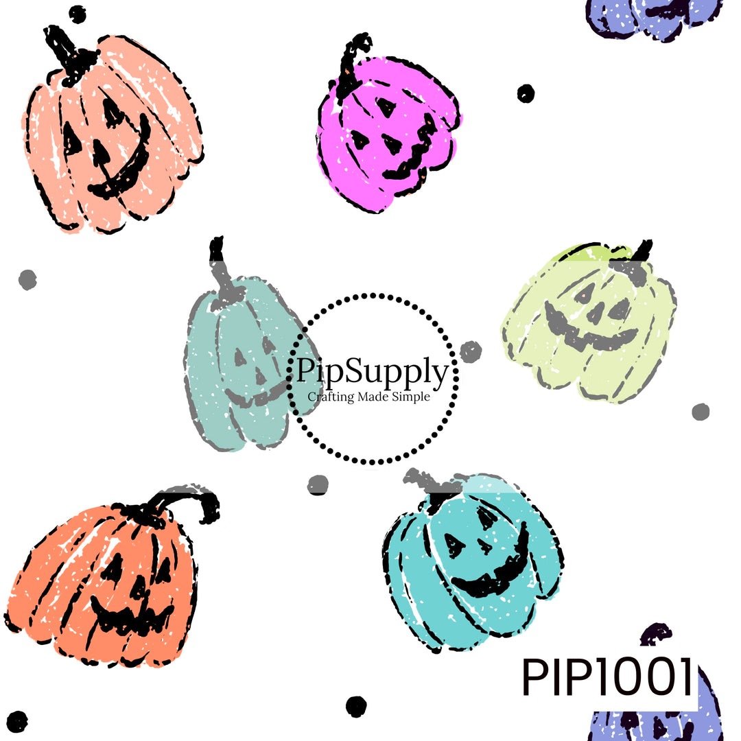A playful Halloween seamless pattern featuring hand-drawn smiling jack-o'-lanterns in soft pastel shades of peach, coral, pink, mint, aqua, lime, and lavender scattered across a crisp white background. The pumpkins have a distressed, sketch-style texture with bold black outlines and are accented with scattered black and gray dots, creating a whimsical retro Halloween design full of colorful vintage charm.
