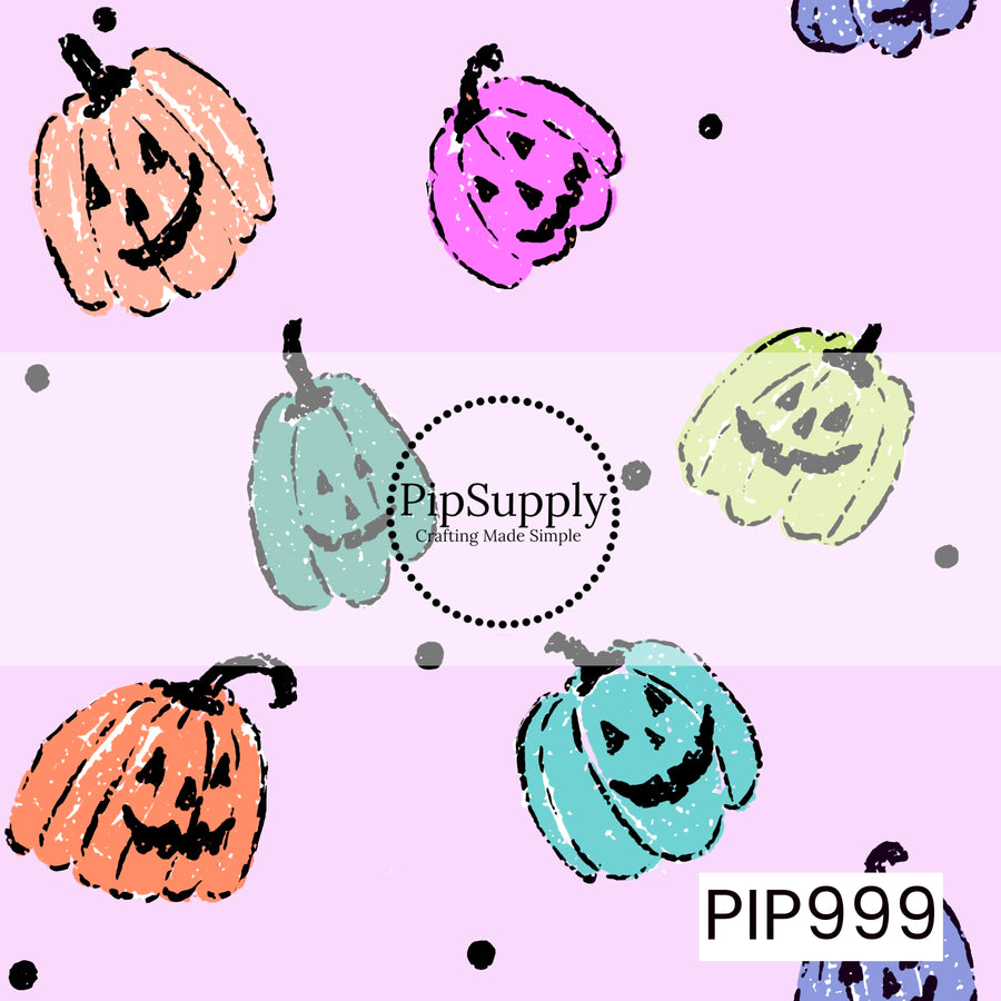 A playful Halloween seamless pattern featuring hand-drawn smiling jack-o'-lanterns in pastel shades of peach, orange, aqua, lime green, purple, and pink scattered across a soft lavender background. Finished with tiny black polka dots and a distressed sketch-style texture, this whimsical design has a fun retro aesthetic that brings a colorful twist to classic Halloween.
