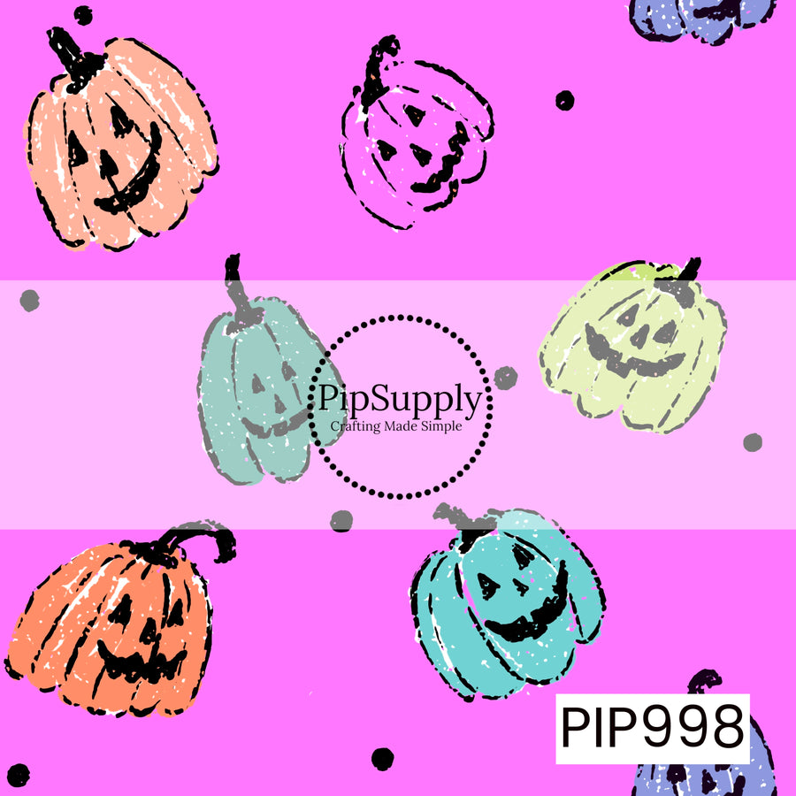 A playful Halloween seamless pattern featuring hand-drawn smiling jack-o'-lanterns in vibrant pastel shades of peach, orange, aqua, lime, purple, and lavender scattered across a bold hot pink background. Finished with tiny black polka dots and a distressed sketch-style texture, this whimsical design combines retro charm with bright, colorful Halloween fun.
