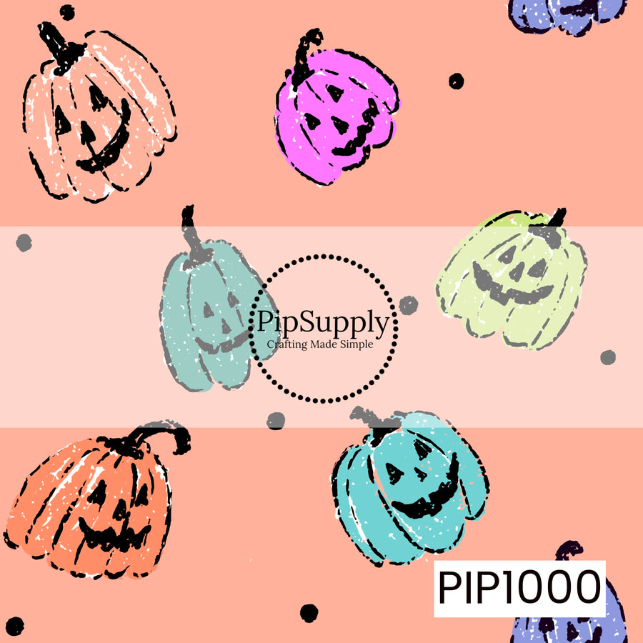 A playful Halloween seamless pattern featuring hand-drawn smiling jack-o'-lanterns in pastel shades of peach, orange, aqua, lime green, purple, and lavender scattered across a soft peach background. Tiny black polka dots and a distressed sketch-style texture add a fun retro touch, creating a whimsical design that blends vintage charm with colorful Halloween spirit.
