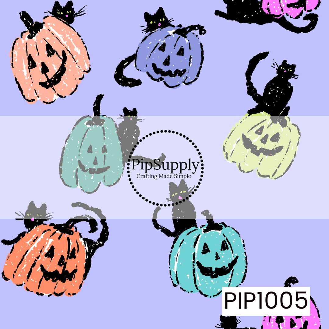 A whimsical Halloween seamless pattern featuring distressed, hand-drawn jack-o'-lanterns in soft pastel shades of peach, lavender, mint, aqua, and light green, each accompanied by playful black cats perched on top, peeking from behind, or lounging beside the pumpkins. Set against a soft periwinkle background, the sketch-style artwork and vintage-inspired texture create a charming retro Halloween design with a fun mix of spooky and sweet.
