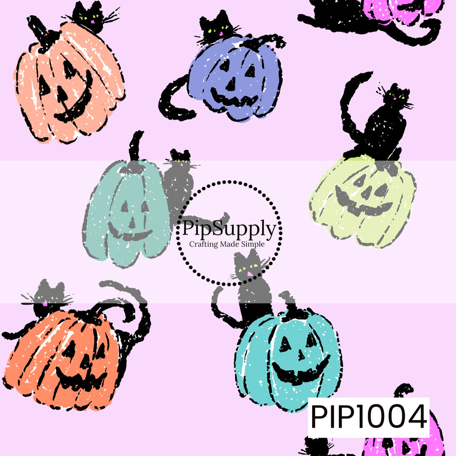 A charming Halloween seamless pattern featuring distressed, hand-drawn jack-o'-lanterns in pastel shades of peach, lavender, mint, aqua, and soft green, each accompanied by playful black cats perched on top, peeking from behind, or curled around the pumpkins. Set against a soft lavender background, the sketch-style artwork and vintage-inspired texture create a whimsical, retro Halloween design with a sweet and spooky feel.

