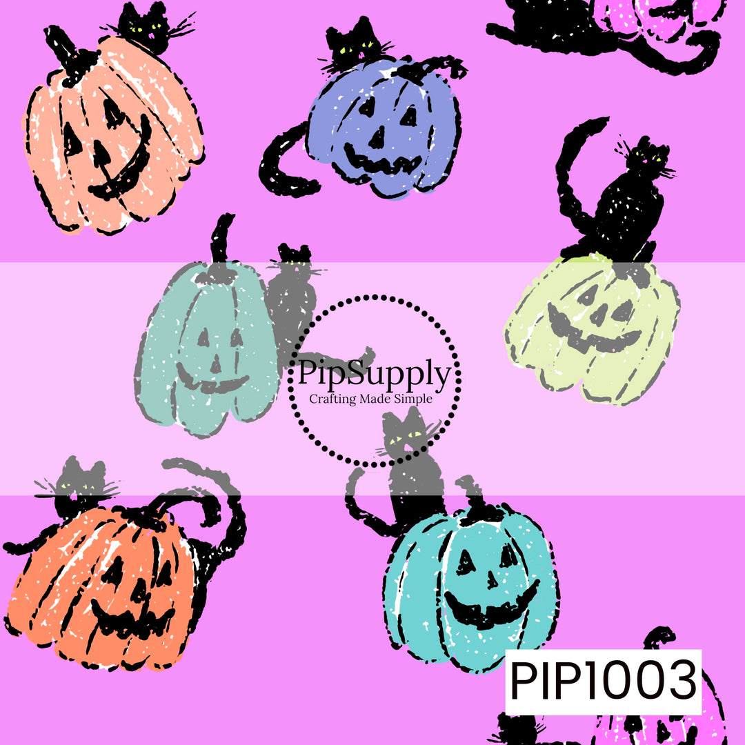 A whimsical Halloween seamless pattern featuring distressed, hand-drawn jack-o'-lanterns in pastel shades of peach, lavender, mint, aqua, and soft green, each paired with playful black cats peeking over, sitting beside, or curling around the pumpkins. Set against a vibrant pink background with a textured sketch-style finish, this charming design blends spooky and sweet for a fun retro Halloween look.
