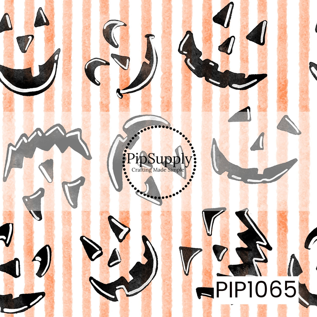 A playful seamless pattern featuring scattered jack-o'-lantern faces on a white background with soft peach vertical stripes. The smiling pumpkin expressions and textured stripes create a fun, whimsical Halloween design that's perfect as a coordinating print for spooky season collections.
