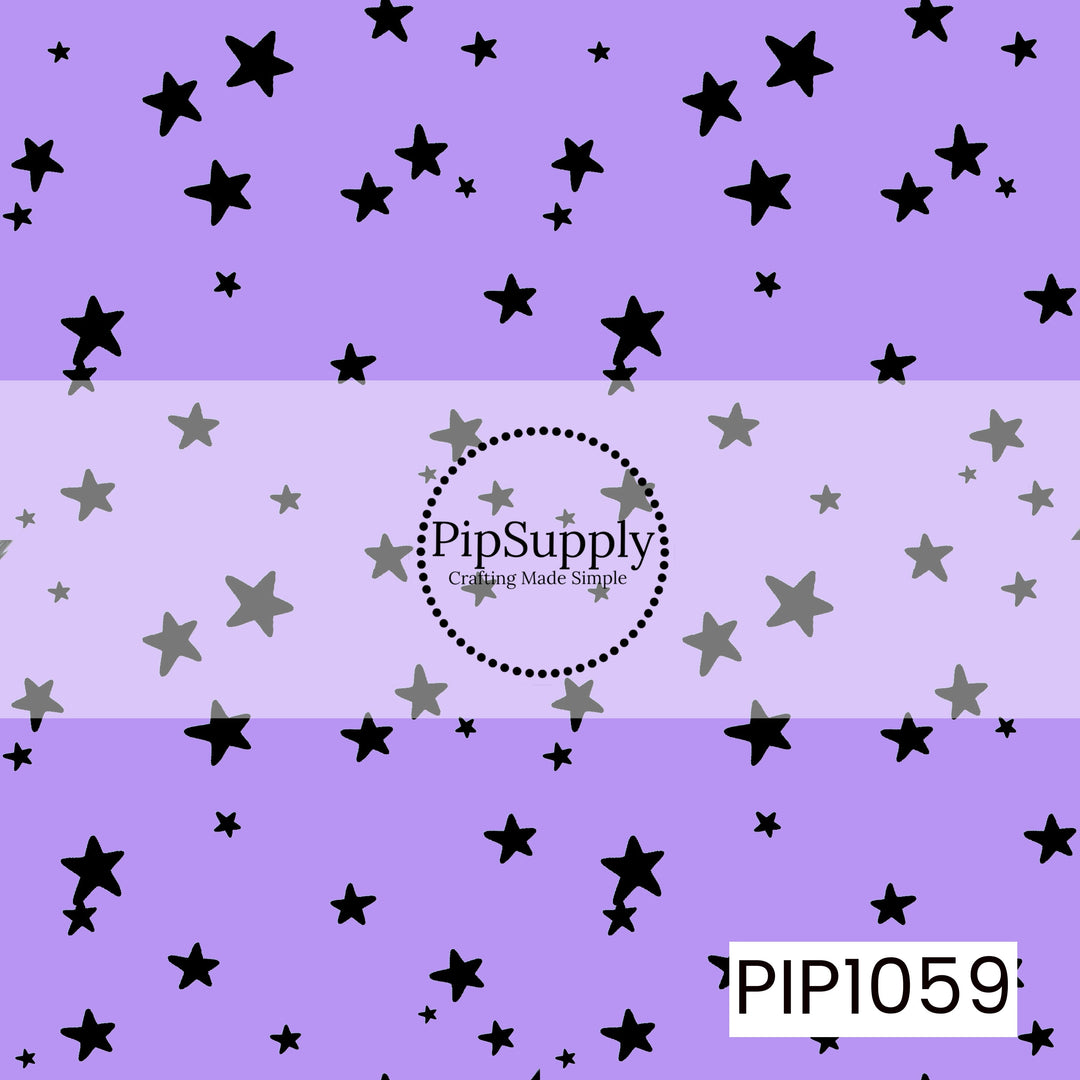A playful seamless pattern featuring scattered black stars in varying sizes on a soft lavender background. The simple celestial design adds a fun, whimsical touch with a bold contrast that's perfect for spooky season or year-round magical themes.
