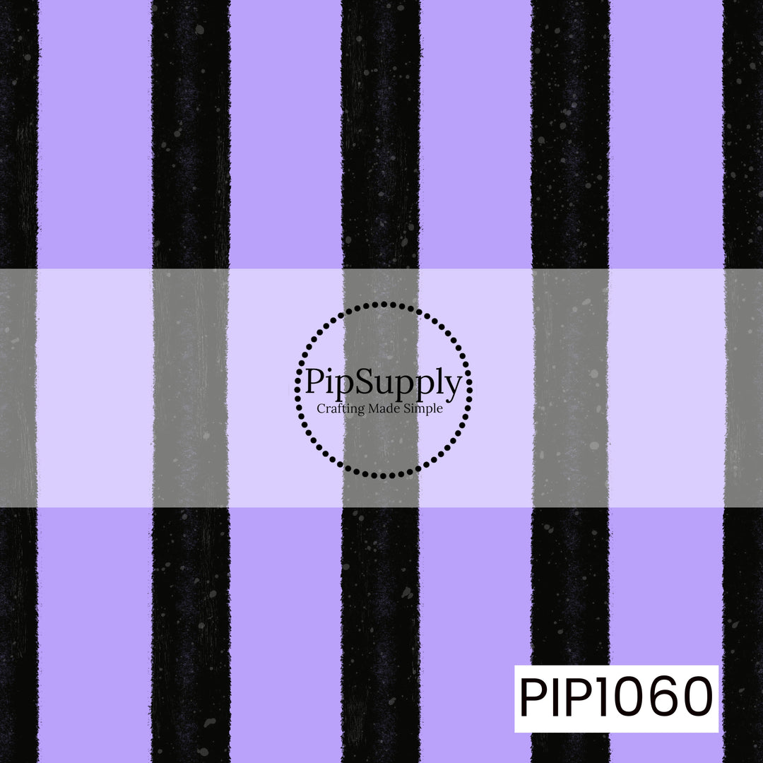 A bold seamless pattern featuring wide distressed black vertical stripes on a soft lavender background. The textured brushstroke effect gives this classic stripe a fun, slightly spooky twist that's perfect for Halloween and coordinating fall designs.
